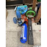 AN ASSORTMENT OF ITEMS TO INCLUDE A FIRE EXTINGUISHER, AN ELECTRIC HEDGE TRIMMER AND CAMPING STOVE