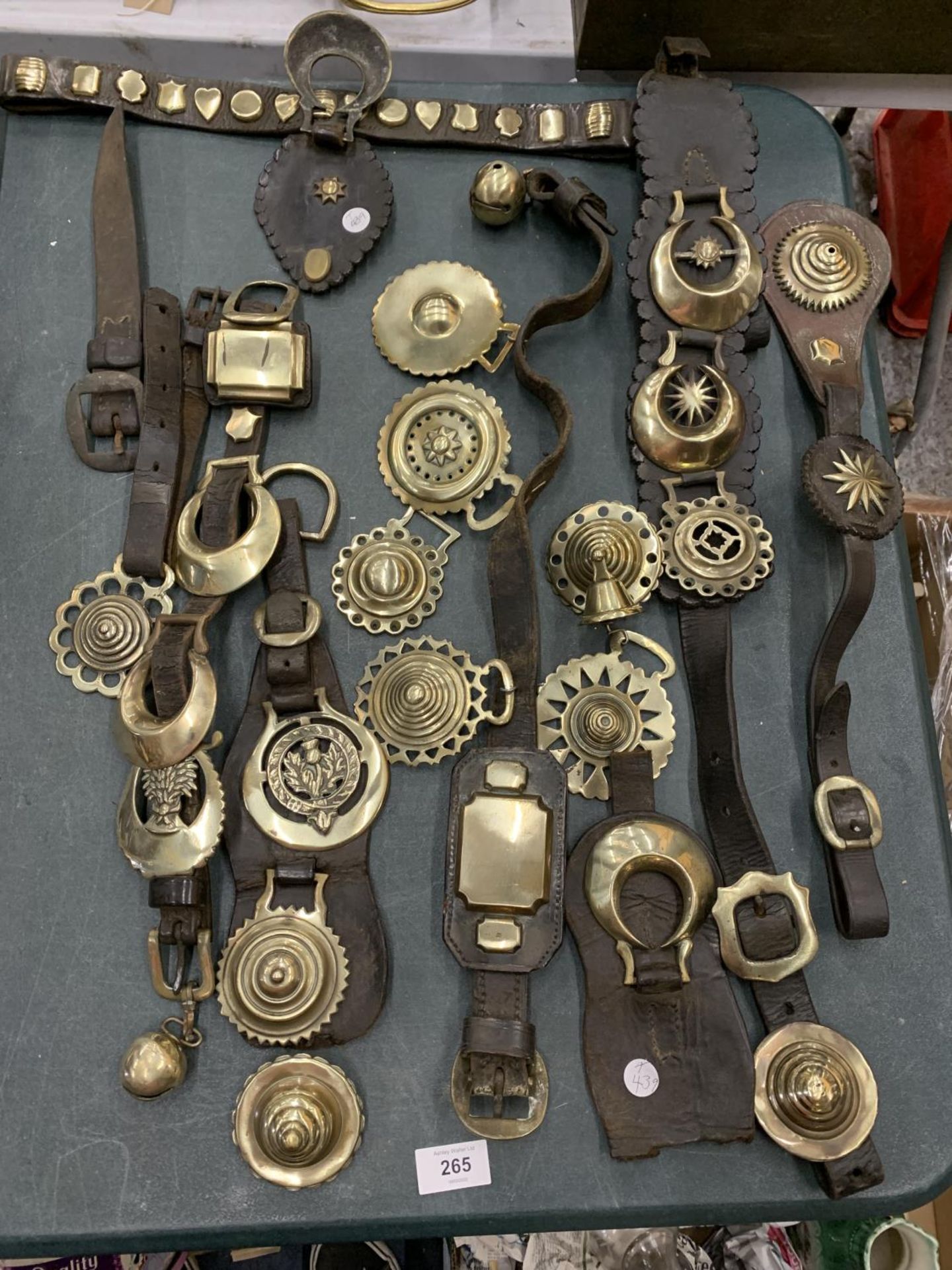 A LARGE COLLECTION OF HORSE BRASSES, SOME ON LEATHER STRAPS