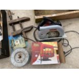 AN ASSORTMENT OF TOOLS TO INCLUDE A POWER DEVIL CIRCULAR SAW, A POWER DEVIL JIGSAW AND A CLAMP ETC