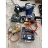 AN ASSORTMENT OF POWER TOOLS TO INCLUDE BLACK AND DECKER SANDERS, DRILLS AND JIGSAW ETC