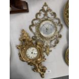 AN ORNATE STYLE RESIN BAROMETER AND A WALL CLOCK