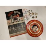A MANCHESTER UNITED REVIEW SEASON PROGRAMME 1958-1959, A NUMBER OF PIN BADGES AND OTHER BADGES