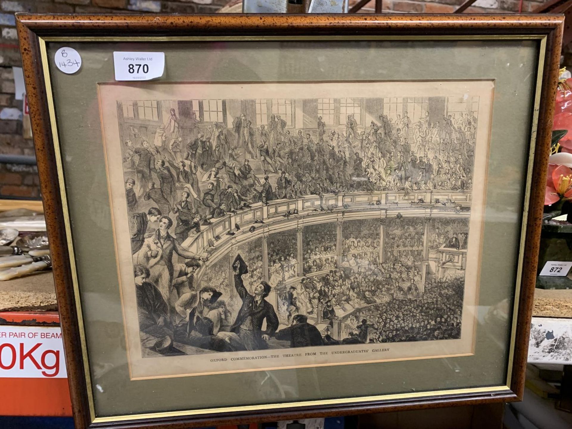 A FRAMED PRINT OF THE 'OXFORD COMMEMORATION - THE THEATRE FROM THE UNDERGRADUATES' GALLERY