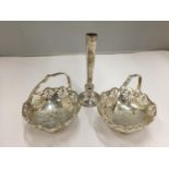 THREE HALLMARKED BIRMINGHAM SILVER ITEMS TO INCLUDE TWO BON BON DISHES AND A BUD VASE GROSS WEIGHT