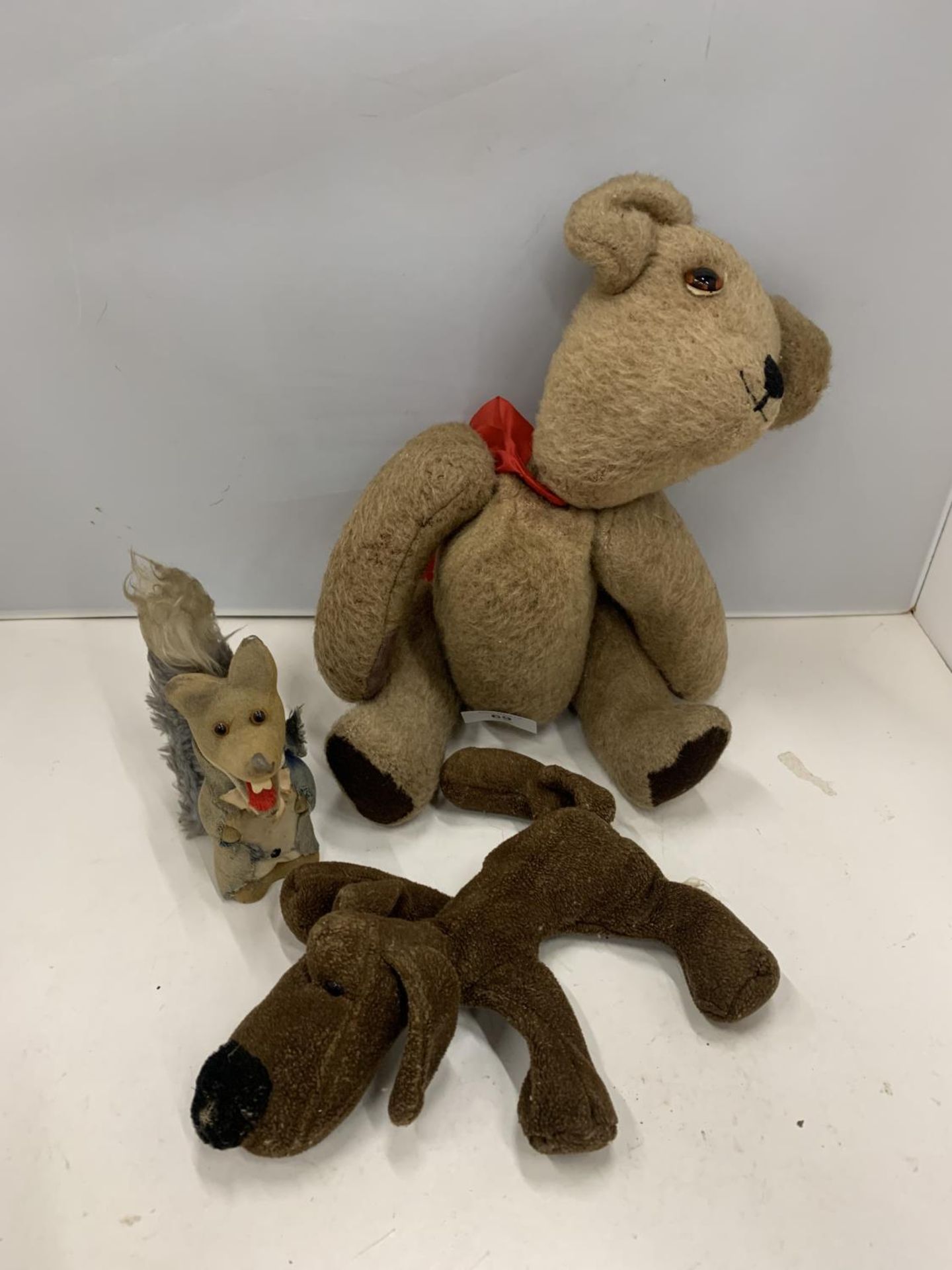 TWO VINTAGE TEDDYS AND A BASIL BRUSH FIGURE