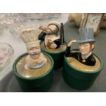 THREE MINIATURE MASONS TOBY JUGS IN BOXES