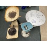 AN ASSORTMENT OF ITEMS TO INCLUDE KITCHEN SCALES AND WEIGHTS, A MINCER ETC