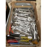 A LARGE ASSORTMENT OF TOOLS TO INCLUDE MAINLY SPANNERS AND SCREW DRIVERS ETC