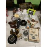 A QUANTITY OF ITEMS TO INCLUDE TEAPOTS, JUGS, FIGURES, ETC