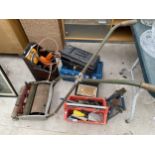 A LARGE ASSORTMENT OF TOOLS TO INCLUDE A VINTAGE LAWN MOWER, AXEL STANDS AND A DRILL ETC