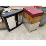 A WOODEN MIRROR DOORED BATHROOM CABINET AND A FISHING TACKLE BOX
