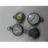 A MILITARY ISSUE POCKET WATCH AND THREE OTHER POCKET WATCHES, ONE OF RAILWAY INTEREST, A/F, (4)