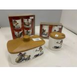 A COLLECTION OF PALISSY TABLEWARE TO INCLUDE A BUTTER DISH, EGG CUPS AND SALT AND PEPPER SHAKERS