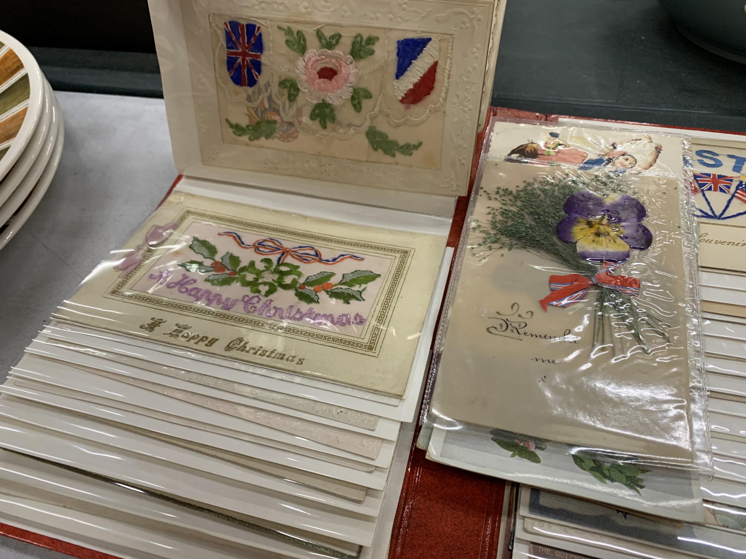 A PHOTO ALBUM CONTAINING VINTAGE POSTCARDS AND GREETINS CARDS, SOME HAND EMBROIDERED - Image 2 of 7