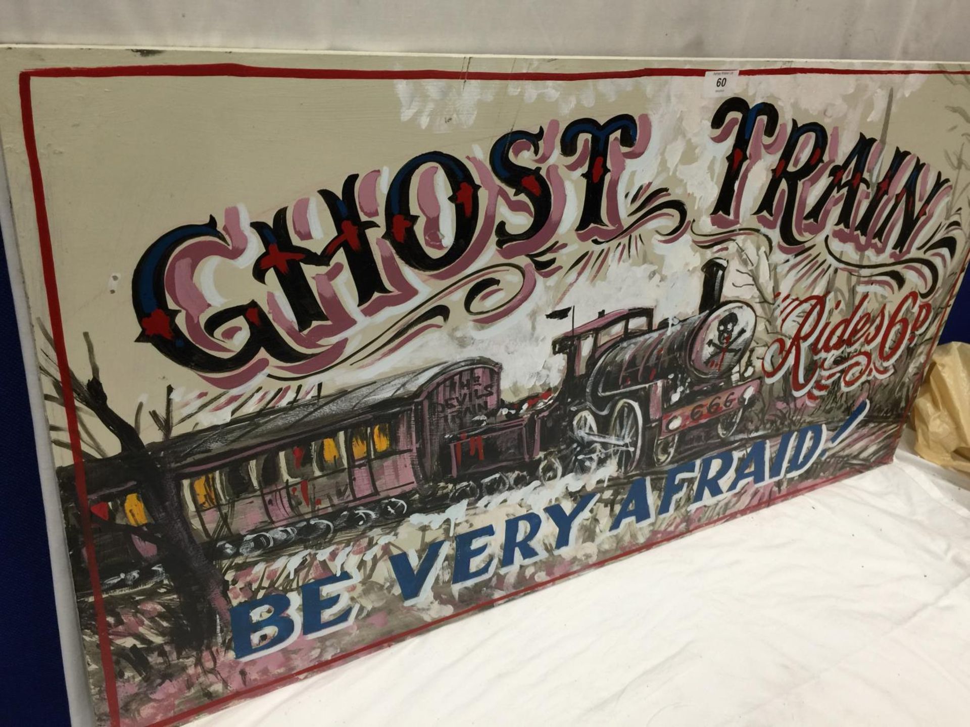 A LARGE WOODEN GHOST TRAIN FAIRGROUND SIGN 104CM X 54CM - Image 2 of 4
