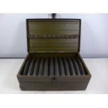 A WORLD WAR II GREEN PAINTED METAL BREN GUN MAGAZINE BOX CONTAINING TWELVE MAGAZINES