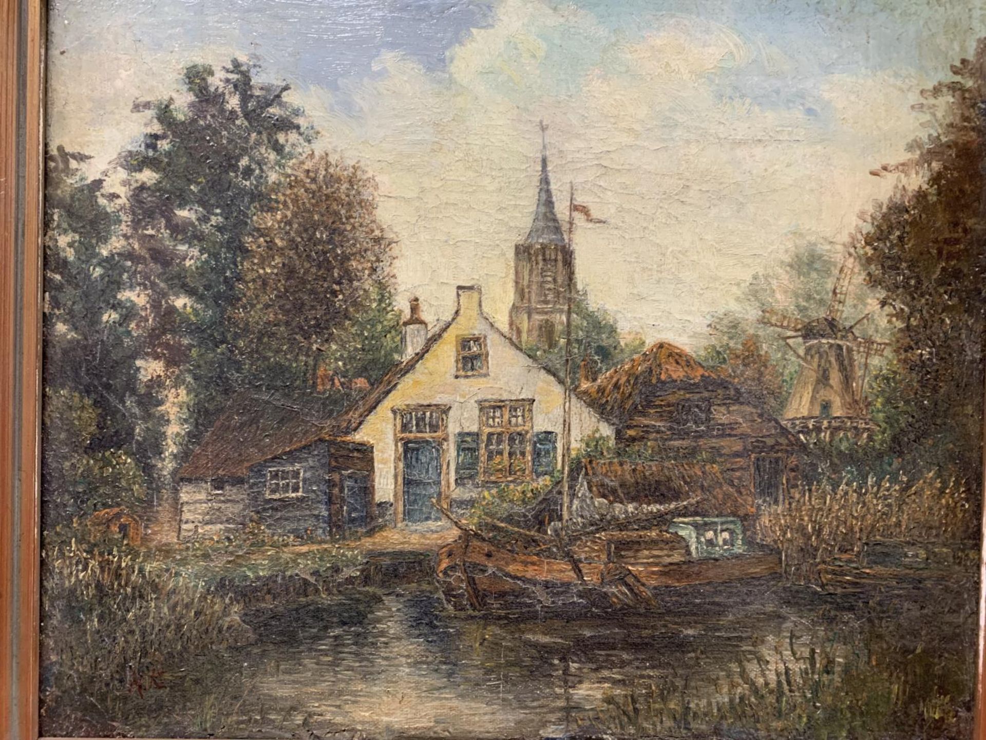 AN OLD OIL ON CANVAS PAINTING OF A DUTCH STYLE CANAL SCENE WITH BARGES AND A WINDMILL SIGNED HK - Image 2 of 2