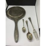 A HALLMARKED GEORGIAN SILVER FORK, A SHEFFIELD SPOON, LONDON SPOON AND A BIRMINGHAM MIRROR BACK