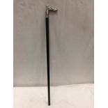 A BLACK WOODEN WALKING STICK WITH A CHROME HORSES HEAD HANDLE