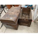 A VINTAGE MONOGRAMED CRATE AND A METAL STORAGE TRUNK