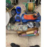 AN ASSORTMENT OF ITEMS TO INCLUDE HOVER BOARDS, SKATEBOARDS AND A CHILDRENS CAR ETC