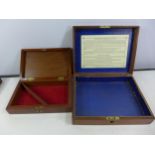 TWO MAHOGANY BOXES, ONE WITH COLTS LOADING LABEL, WIDTH 27CM, DEPTH 21CM, HEIGHT 7CM, SECOND WITH