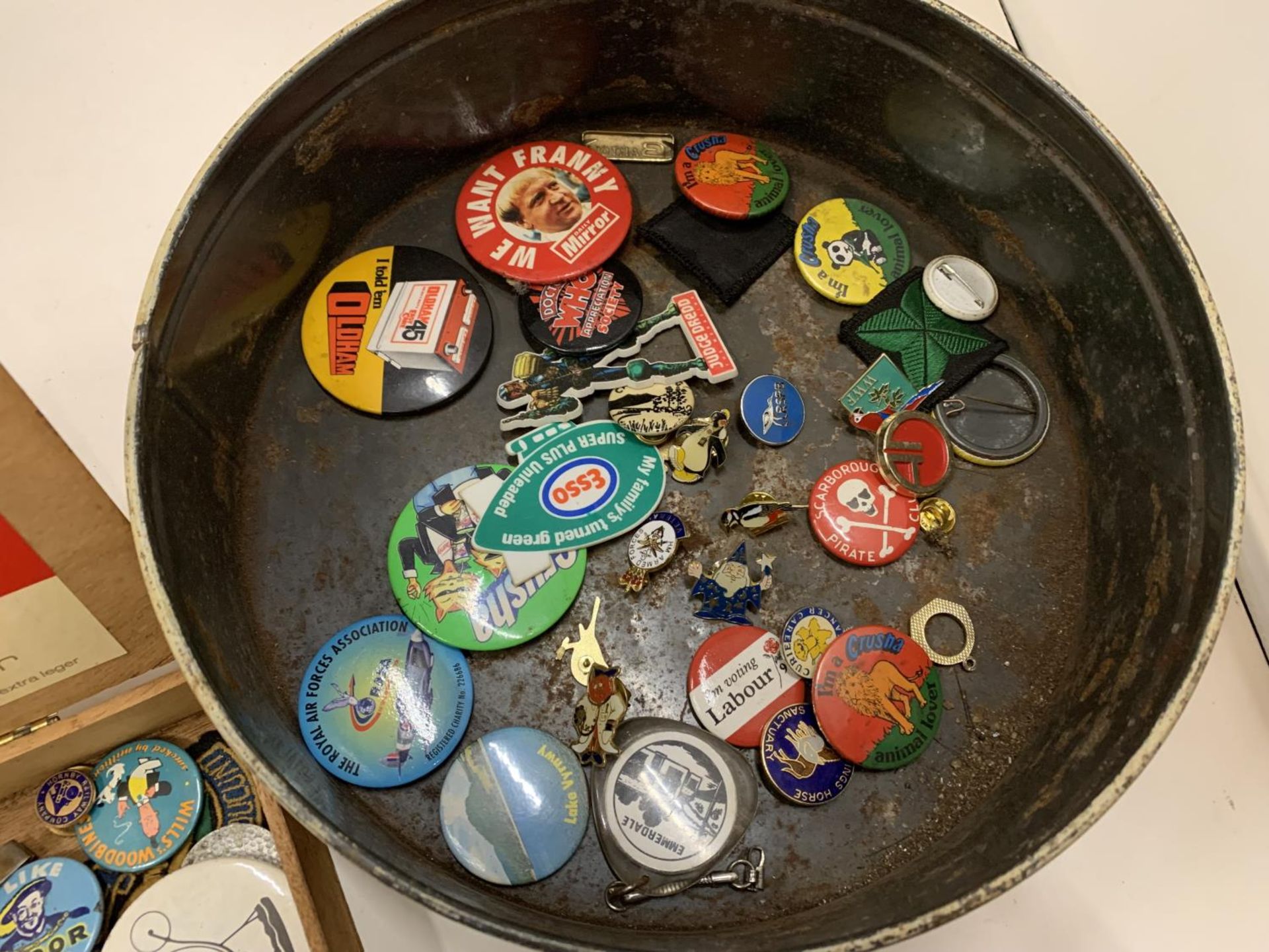 A NUMBER OF BADGES AND PIN BADGES IN A VINTAGE TIN AND BOX TO INCLUDE WWF, RSPB, ROYAL AIRFORCE - Image 4 of 6