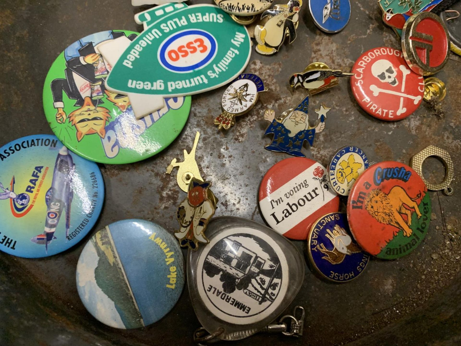 A NUMBER OF BADGES AND PIN BADGES IN A VINTAGE TIN AND BOX TO INCLUDE WWF, RSPB, ROYAL AIRFORCE - Image 5 of 6