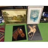 A FRAMED PRINT OF A RIVER SETTING, AN UNFRAMED HORSE PAINTING, A CARVED WOODEN HORSE WALL HANGING
