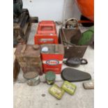 AN ASSORTMENT OF VINTAGE ITEMS TO INCLUDE AN ESSO OIL DRUM, CAR RAMPS AND PUMP ACTION OIL CAN ETC