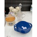 AN ASSORTMENT OF ITEMS TO INCLUDE A COPCO COOKING POT, A CUT GLASS JUG AND TEA AND SOFFEE CADDIES