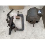 A LARGE INDUSTRIAL MOTOR, A G CLAMP AND A PARAFIN BLOW TORCH ETC