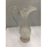 A BELIEVED RICHARDSON ENGRAVED GLASS CLARET JUG IN EWER FORM WITH AN APPLIED HANDLE