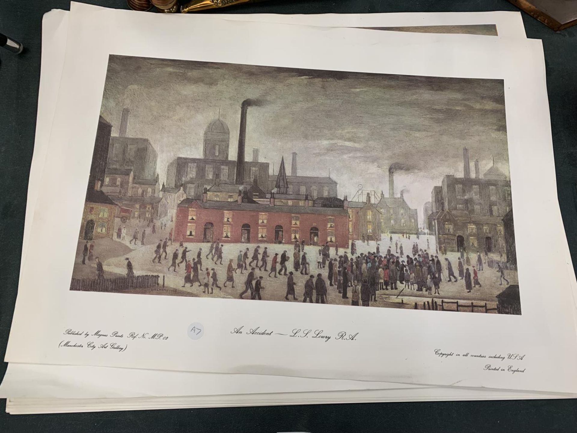 A QUANTITY OF UNFRAMED PRINTS TO INCLUDE 'AN ACCIDENT' BY LOWRY