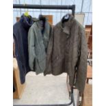 A LARGE MENS BARBOUR COAT, A CHILDRENS WAX JACKET AND A MEDIUM FLEECE WAISTCOAT