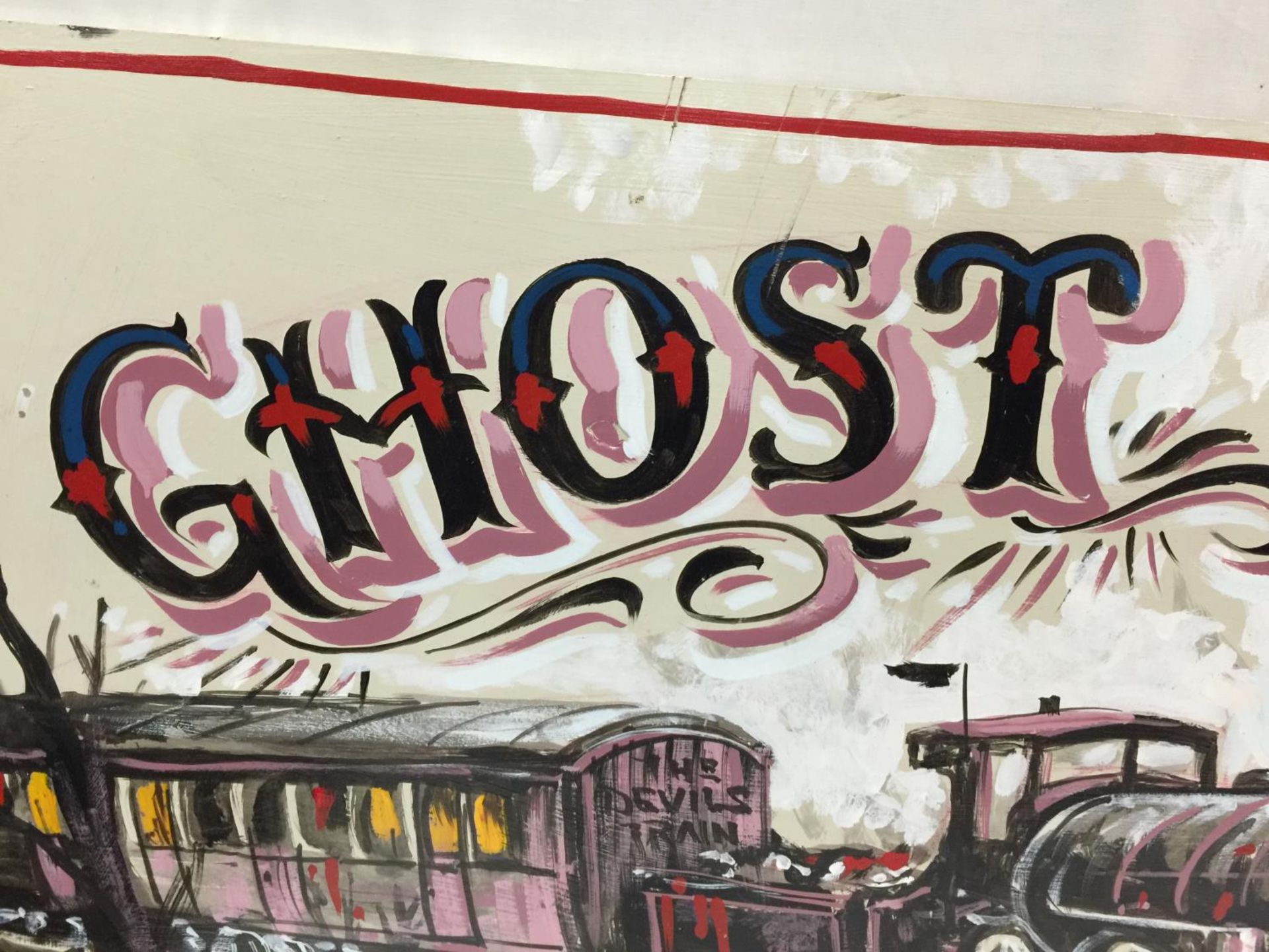 A LARGE WOODEN GHOST TRAIN FAIRGROUND SIGN 104CM X 54CM - Image 4 of 4