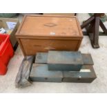 A VINTAGE WOODEN STORAGE CHEST AND FIVE METAL STORAGE CONTAINERS