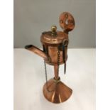 A COPPER LACE MAKERS LAMP WITH BRASS FITTINGS