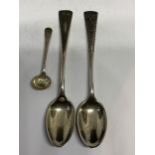 TWO HALLMARKED SHEFFIELD TEASPOONS AND A BIRMINGHAM MUSTARD SPOON GROSS WEIGHT 33 GRAMS