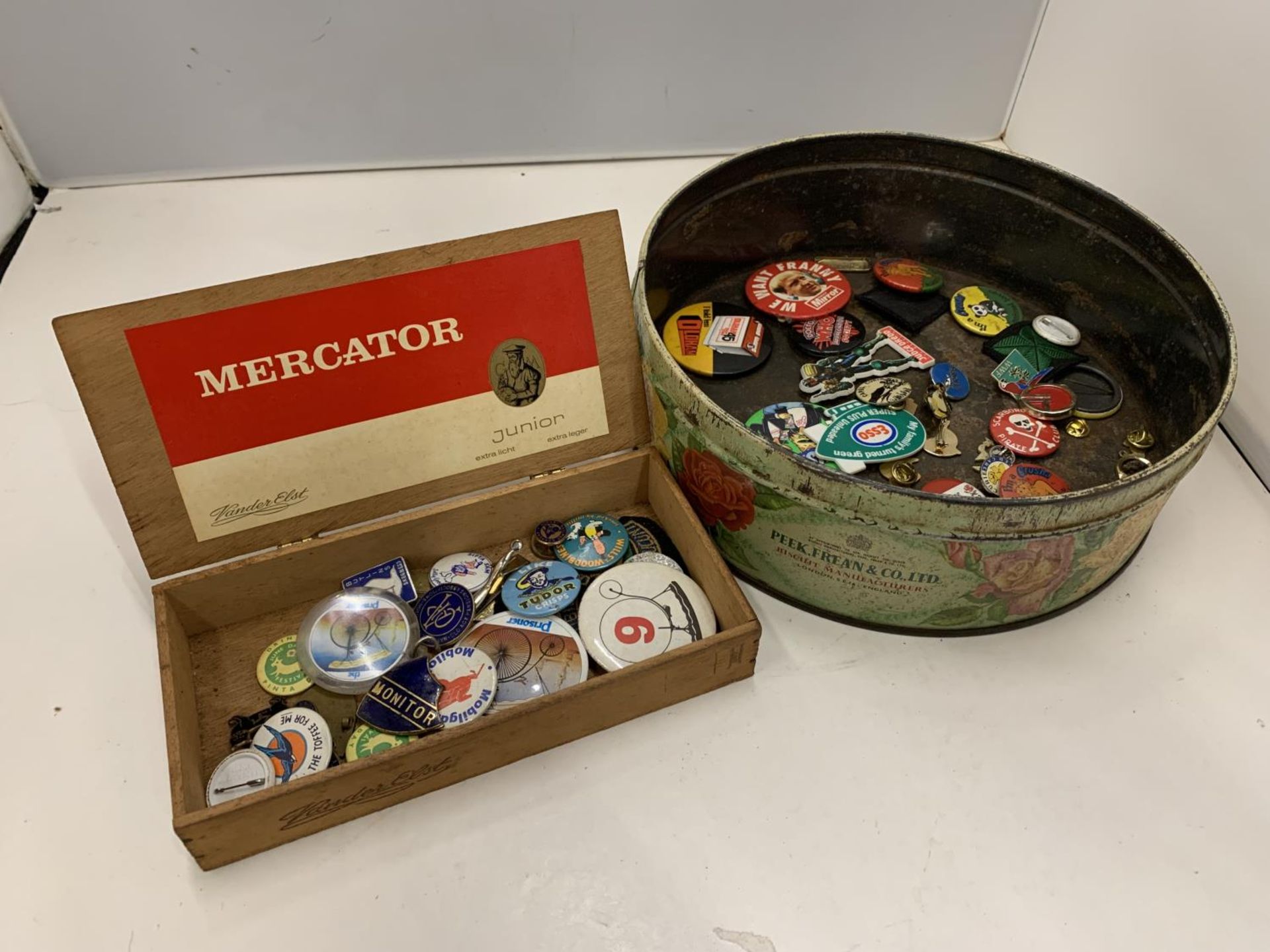 A NUMBER OF BADGES AND PIN BADGES IN A VINTAGE TIN AND BOX TO INCLUDE WWF, RSPB, ROYAL AIRFORCE