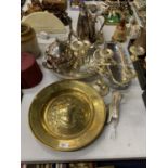 STAINLESS STEEL WARE TO INCLUDE TRAYS, COFFEE AND TEA POT, 5 ARM CANDELABRA, BRASS WALL HANGING ETC.