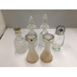 SIX VARIOUS GLASS ITEMS TO INCLUDE TWO VASES WITH HALLMARKED BIRMINGHAM SILVER RIMS