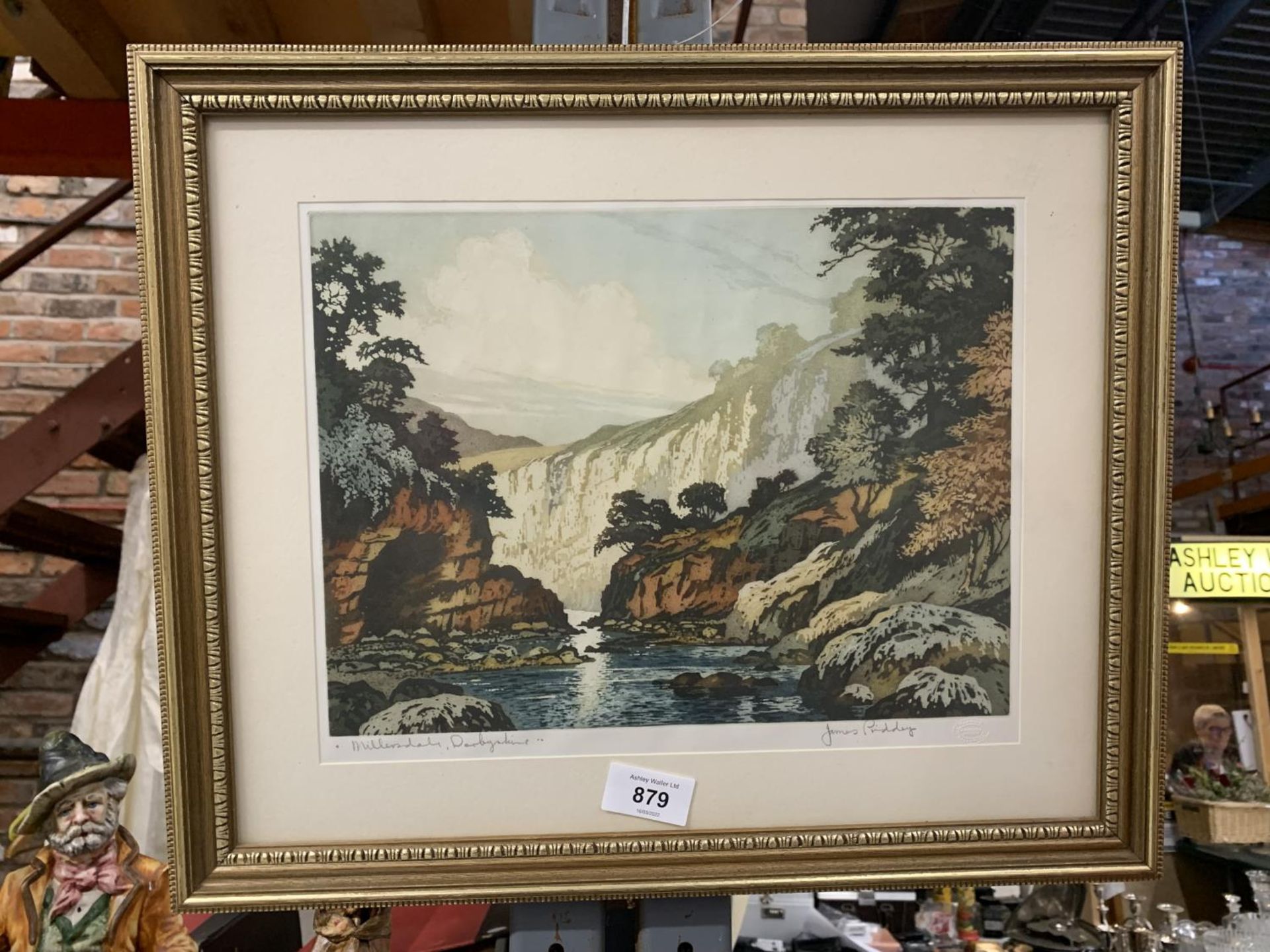 A GILT FRAMED PICTURE 'MILLERS DALE, DERBYSHIRE' SIGNED BY JAMES PRIDDEY