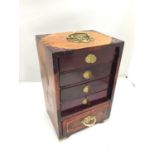 A SMALL ORIENTAL CHEST OF DRAWERS WITH RED LINING AND BRASS FITMENTS 28CM X 18.5CM X 14.4CM