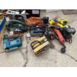 AN ASSORTMENT OF POWER TOOLS TO INCLUDE BLACK AND DECKER JIGSAWS, SANDERS AND A RYOBI DRILL ETC