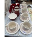AN ASSORTMENT OF CERAMICS AND GLASSWARE TO INCLUDE CUPS AND SAUCERS AND SHERRY GLASSES ETC