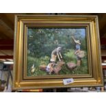 A GILT FRAMED OIL ON BOARD 'THE FRUIT PICKERS' BY JOHN OWEN