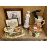 AN ASSORTMENT OF ITEMS TO INCLUDE A CERAMIC LIDDED JAR, A CERAMIC JUG AND FRAMED PRINTS ETC