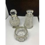 THREE CUT GLASS ITEMS WITH HALLMARKED SILVER COLLARS ONE LONDON AND TWO BIRMINGHAM (PERFUME BOTTLE