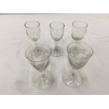 THREE HAND BLOWN GEORGIAN ALE GLASSES AND A PAIR OF GLASSES ETECHED IN GRAPE DECORATION
